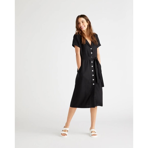 QUINCE Black 100% European Linen Button Front Dress Size Medium - Picture 6 of 12